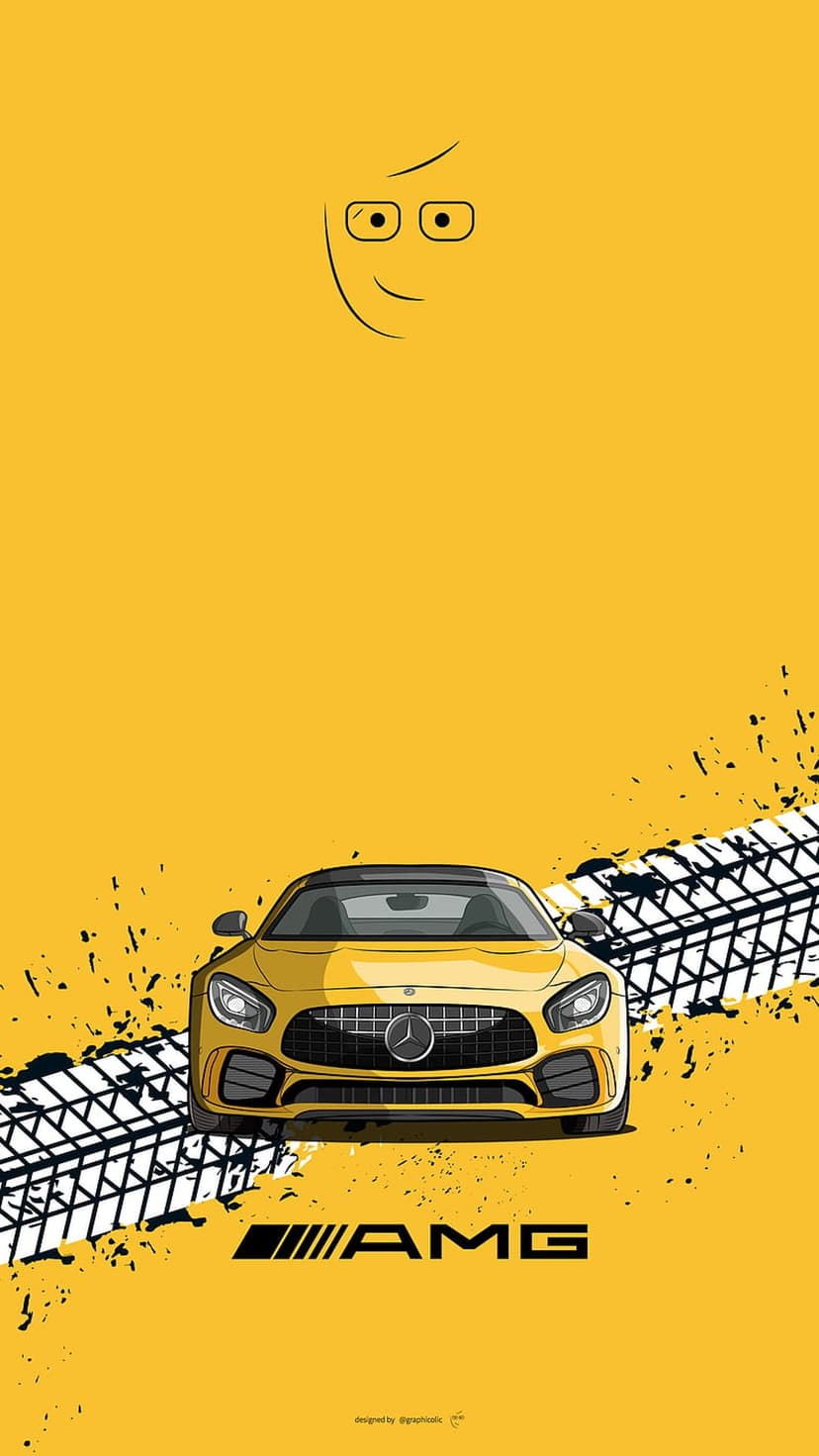 Yellow Mercedes-AMG car below a smiling cartoon face with tire tracks and paint splatters on a yellow backdrop.