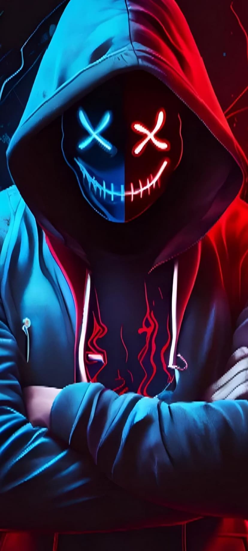 Masked figure with crossed arms wearing a hoodie lit by red and blue neon highlights on a dark phone background.
