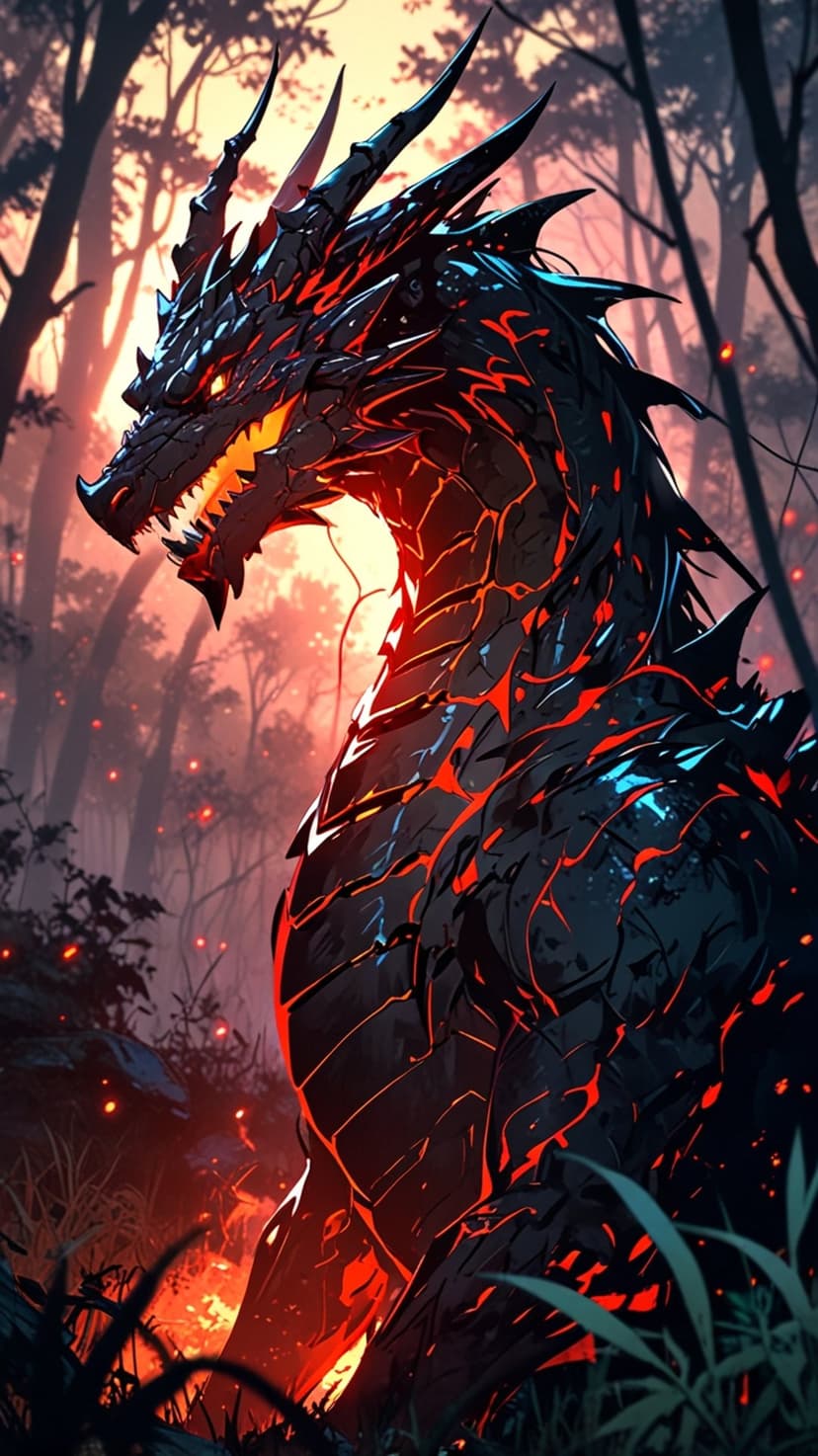 Black dragon with glowing red scales stands among sunlit trees in a lush forest with cinematic lighting.