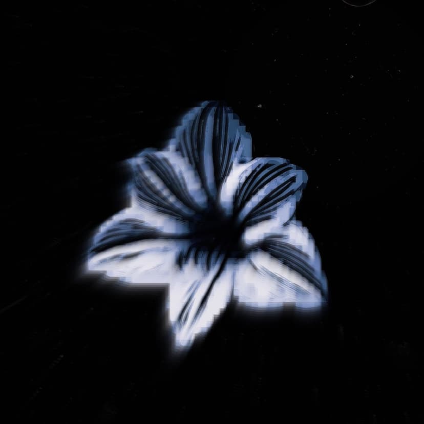 Blue flower with luminous petals and dark outlines centered on a solid black background with grainy texture.