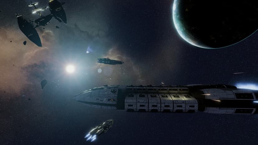 Large sci-fi battleships cruising through deep space near a bright sun and a shadowed planet with lens flare.
