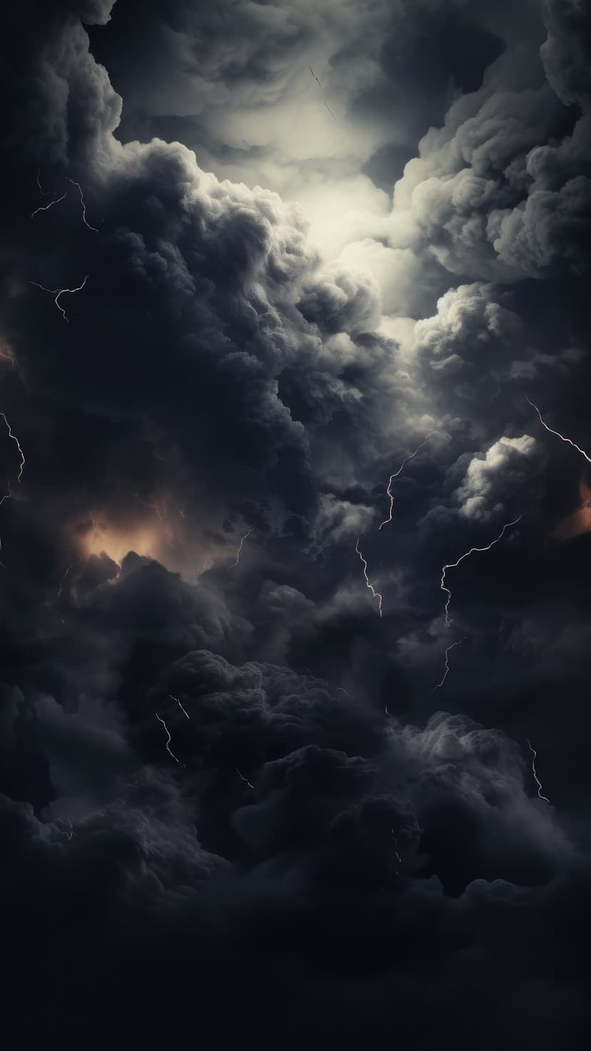 Bright lightning bolts strike through turbulent dark purple and black clouds in a vertical night sky scene.