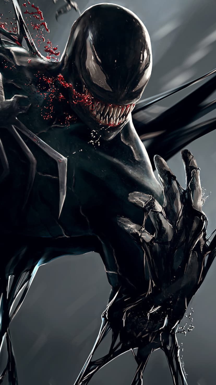 Venom shows sharp fangs and white eyes as black tendrils and red splashes emerge from a dark gray background.