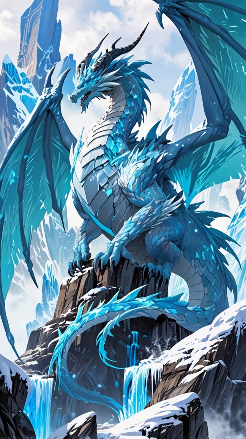 Blue glowing dragon perches on dark rocks near frozen waterfalls and snow-covered mountain peaks during winter.