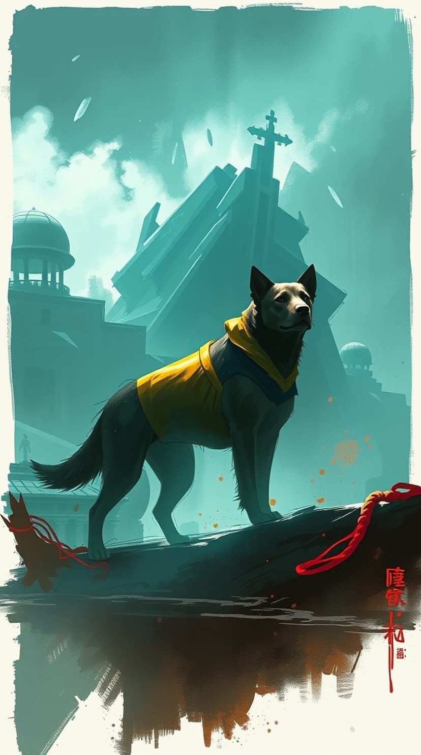 Dog wearing a yellow vest stands on a log looking at a foggy city skyline with a cross and water reflections.