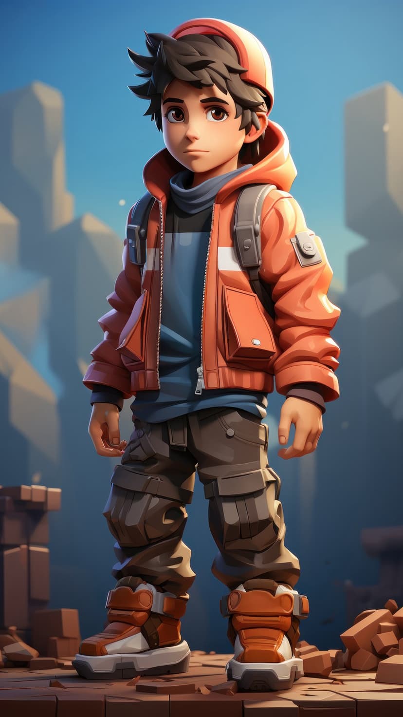 Young boy in an orange jacket and cargo pants stands outdoors on rocks under a clear blue sky with a backpack.
