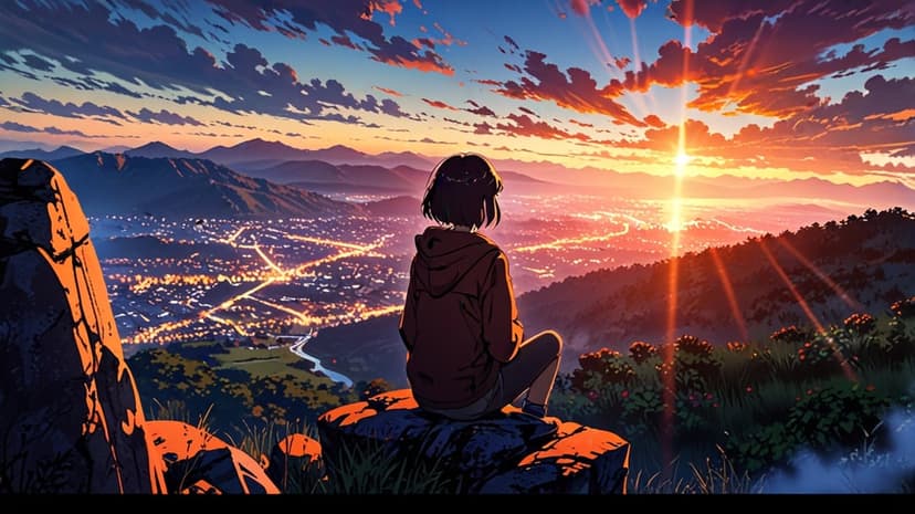 Anime girl with dark hair sits on a mountain rock looking at a glowing city under a purple and orange sunset sky.