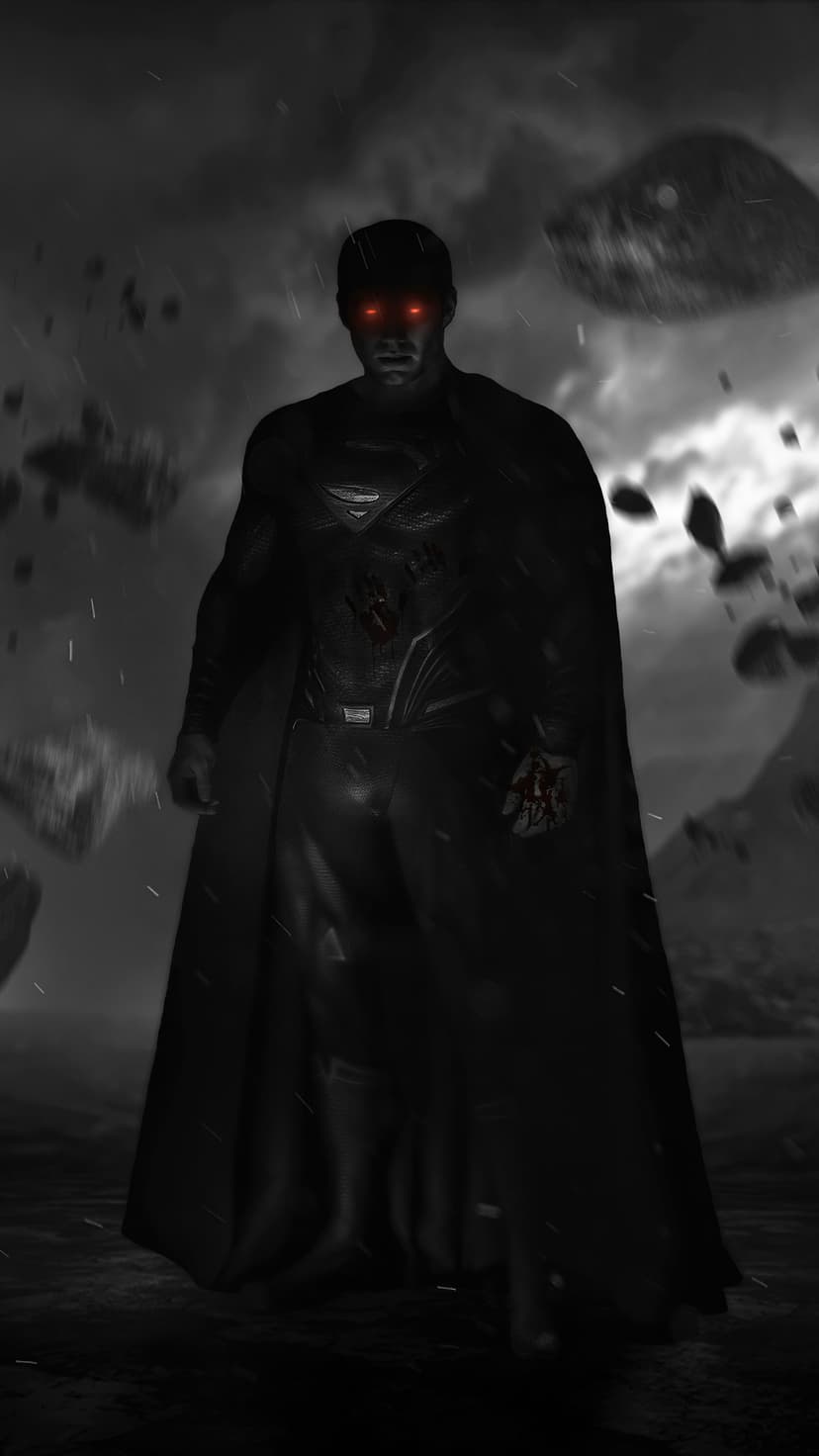 Superman with glowing red eyes and a black suit stands in a stormy landscape with floating rocky debris.