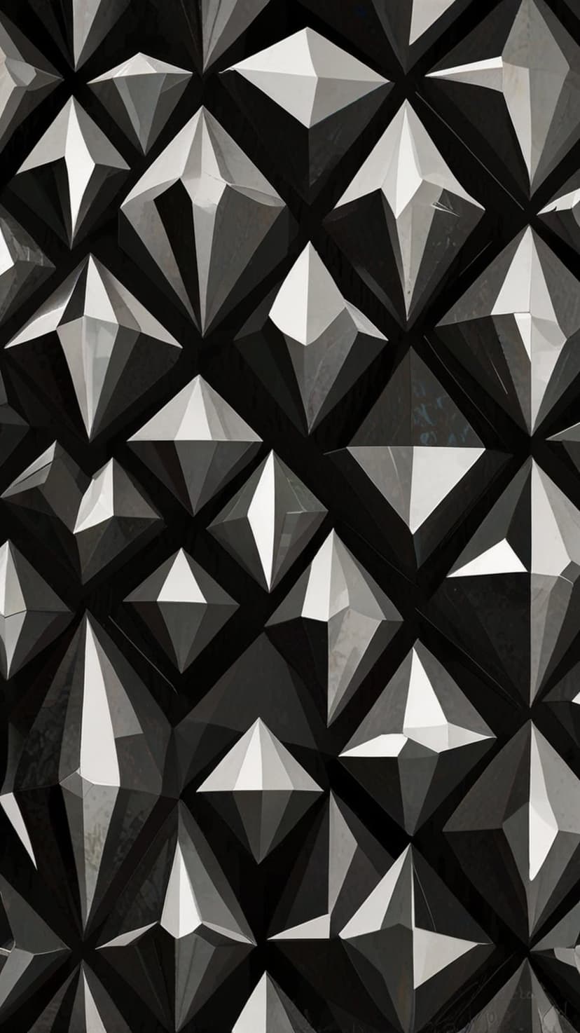 Jagged diamond facets in shades of gray and white create a sharp, architectural 3D geometric pattern.