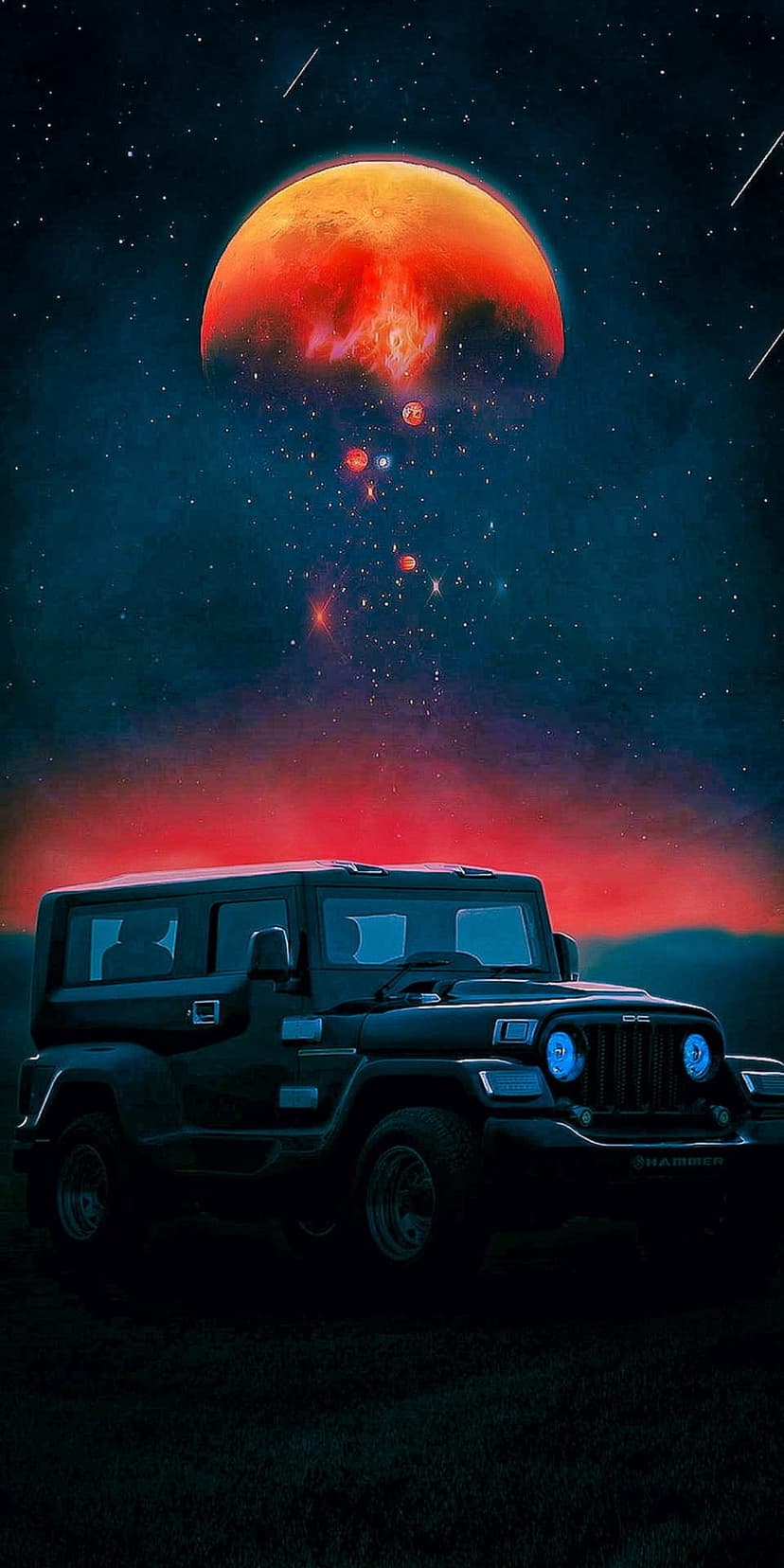 Black off-road vehicle with glowing blue headlights parked on grass beneath a massive red moon and starry sky.