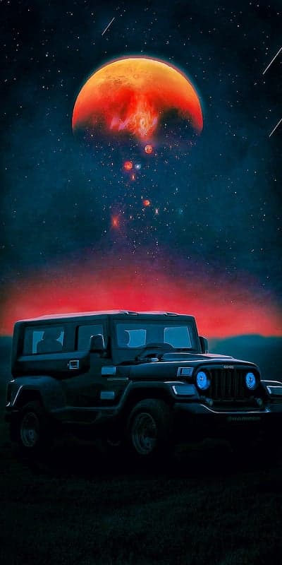 Futuristic SUV Parking Beneath a Blood Red Alien Moon
