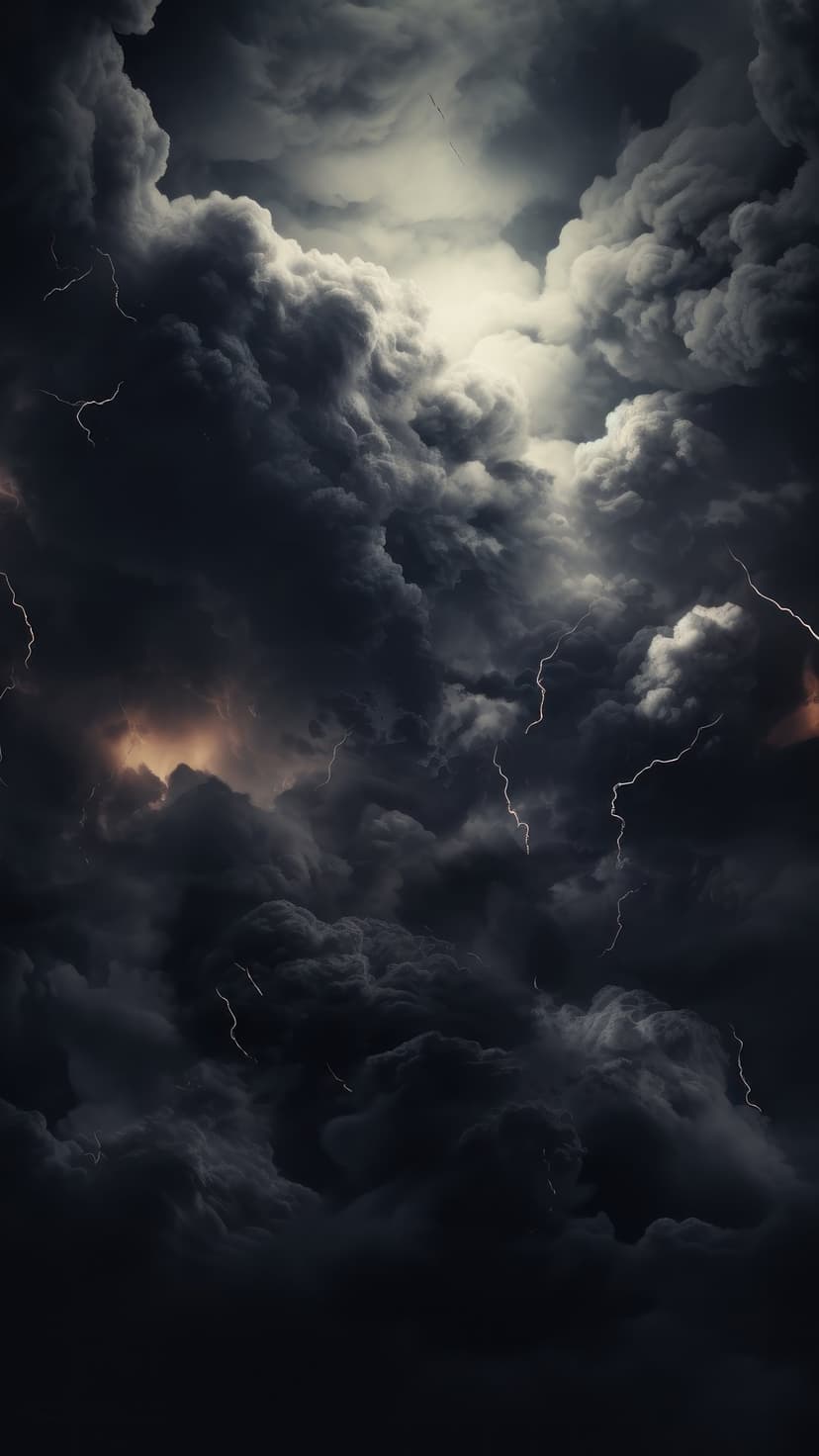 Jagged white lightning bolts illuminate dark swirling storm clouds in a vertical atmospheric weather scene.