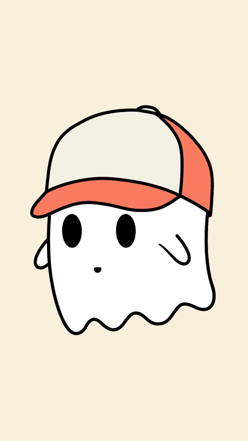 Wavy white ghost wearing a two-toned baseball cap with simple black dot eyes and a tiny mouth on a plain backdrop.