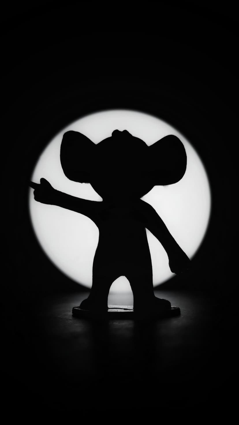 Mickey Mouse silhouette stands in profile pointing forward against a bright circular spotlight on a black background.