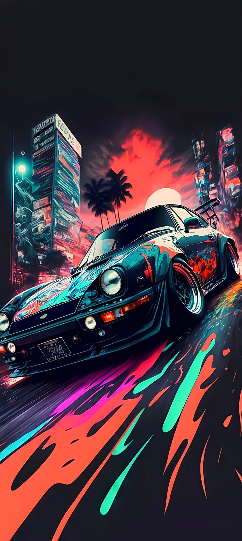 Porsche 911 racing through a neon city at night with palm trees under a red sky and glowing light streaks.