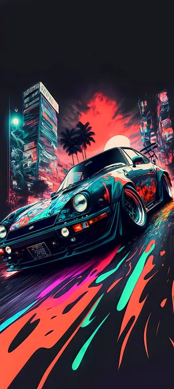 Cyberpunk Porsche 911 night drive neon city