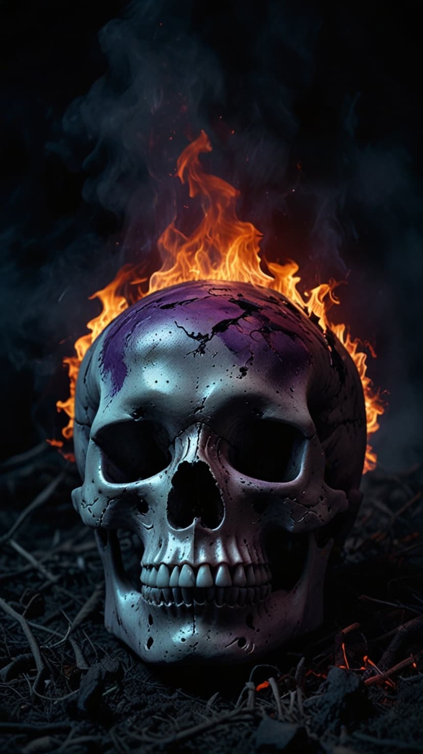 Burning metallic skull with purple markings and orange flames set against a dark smoky background of debris.