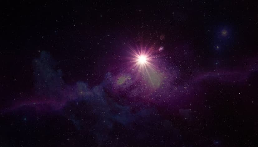 Radiant white starburst centered within swirling violet and blue nebula clouds against a dark starry background.