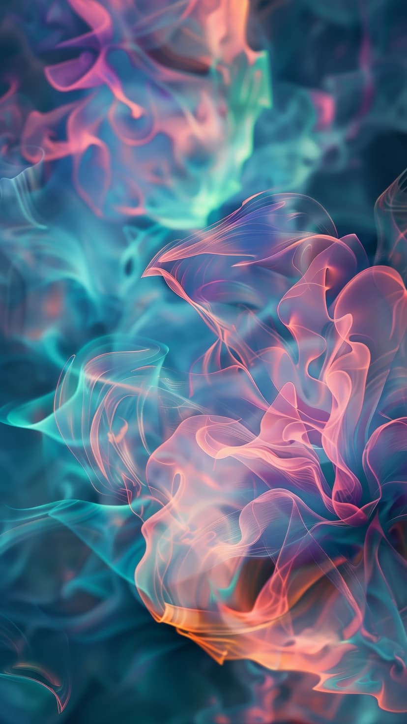 Swirling neon pink and electric teal smoke plumes intertwine against a dark, multi-colored ethereal background.