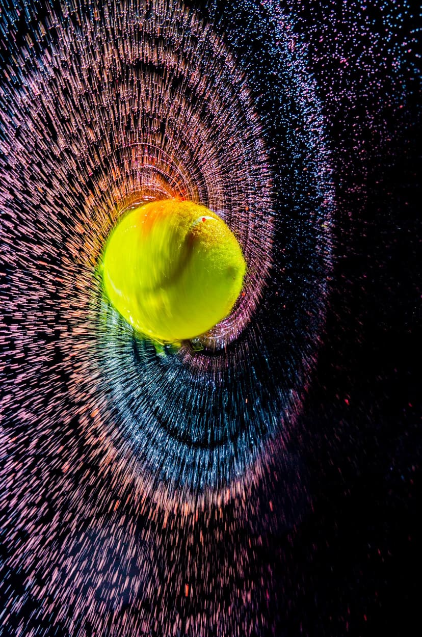Yellow lemon spinning rapidly amidst a spiral of glowing pink and blue water droplets against a black background.
