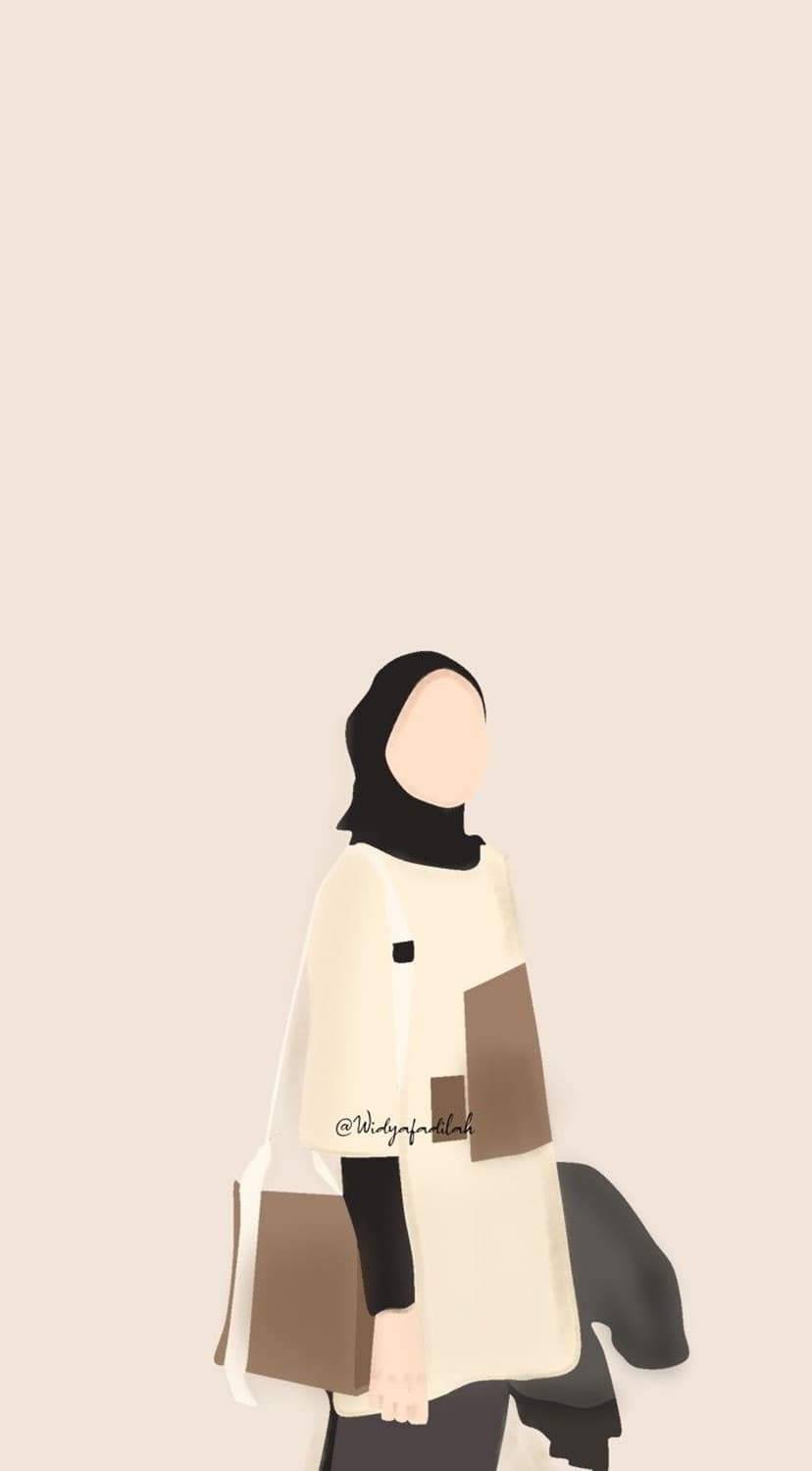 Faceless woman in a black hijab and cream oversized top carrying a brown color-blocked tote bag on her shoulder.