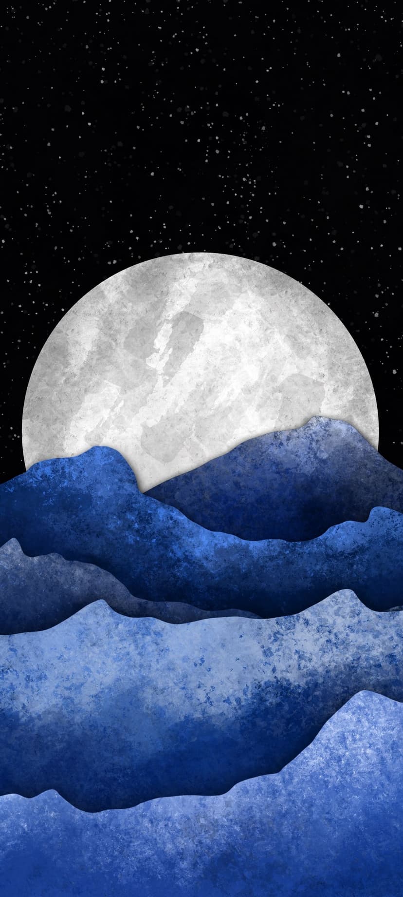 Luminous full moon shines over layered blue mountain silhouettes against a dark starry sky in a vertical layout.