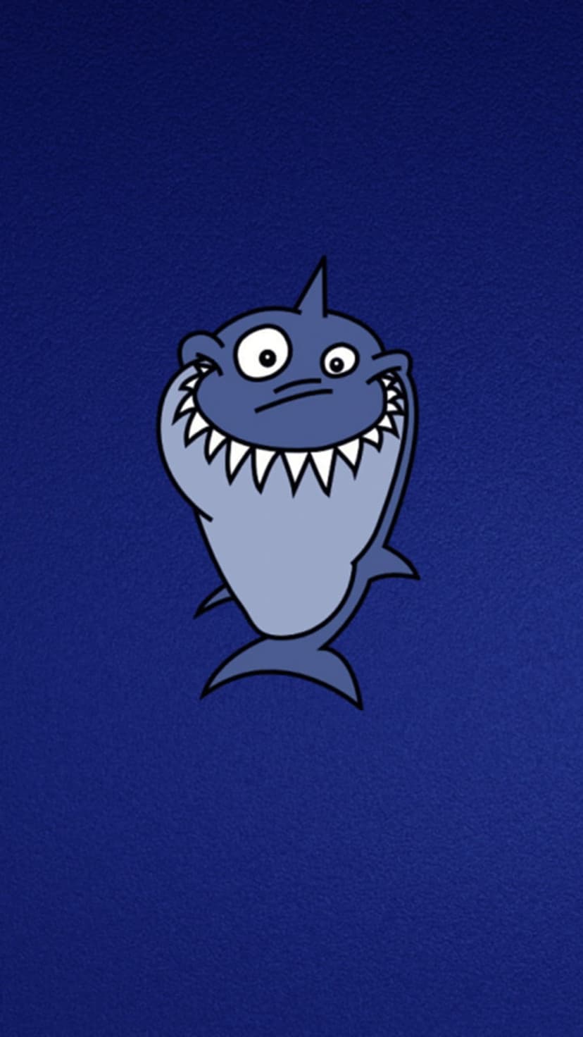Blue shark with a large toothy smile and wide eyes floats against a textured deep blue marine background.