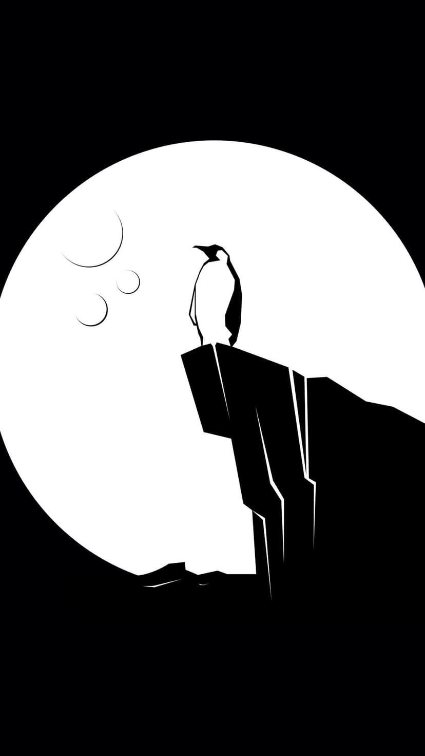 Penguin silhouette standing on a jagged cliff edge against a giant glowing moon and abstract crescent shapes.
