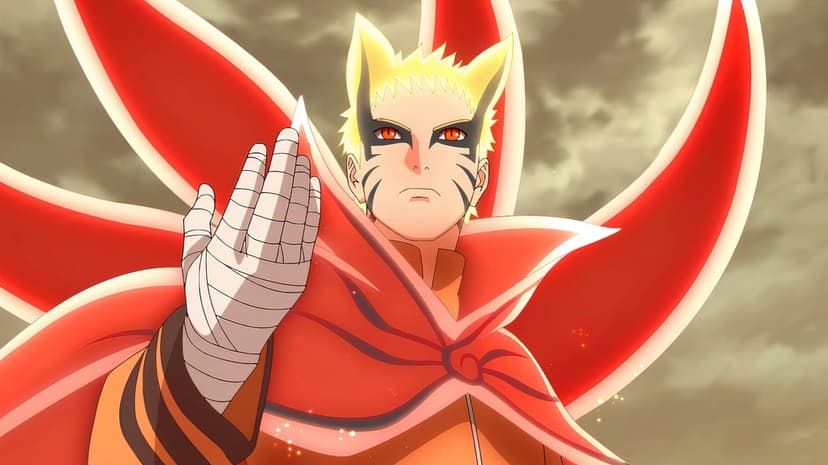 Naruto Uzumaki in Six Paths Sage Mode with glowing orange chakra, red tails, and a bandaged right hand raised.