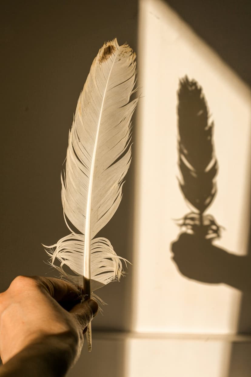 Pale feather held by fingers against a sunlit wall, casting a sharp, elongated shadow on the textured surface.