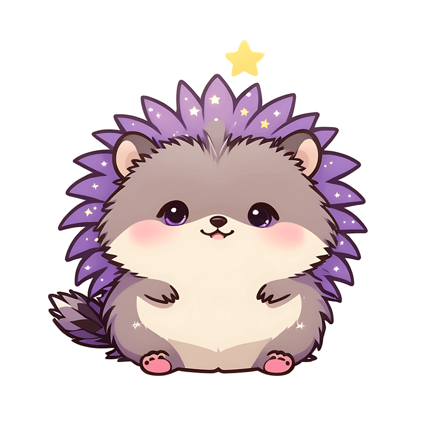 Purple hedgehog sticker illustration featuring gradient quills with yellow stars and soft pink cheek accents.