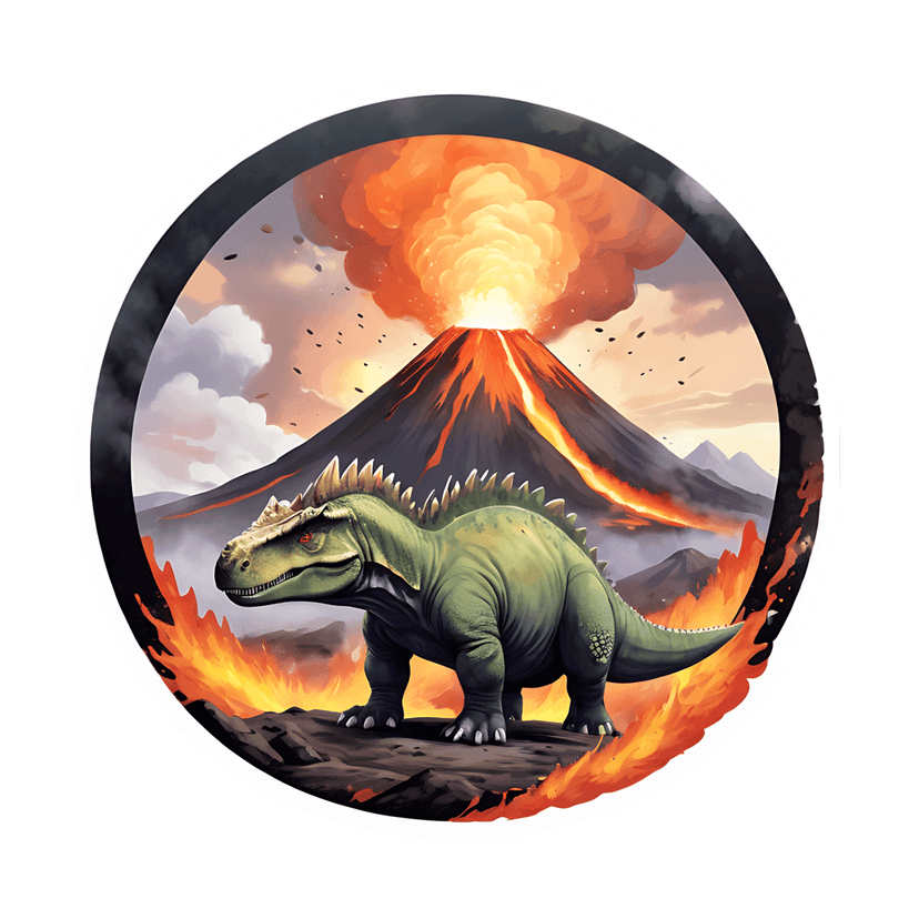 Green dinosaur volcano sticker shows a spiky reptile profile next to flowing orange lava and smoke clouds.