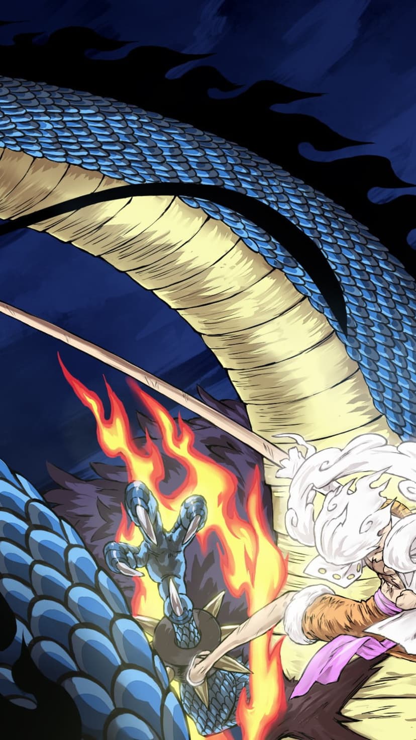 Blue dragon clashing its talons against a white-haired warrior surrounded by erupting flames and orange embers.