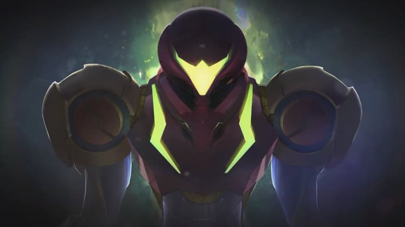 Samus Aran in a dark purple suit with a glowing yellow visor and green lights against a nebulous space background.