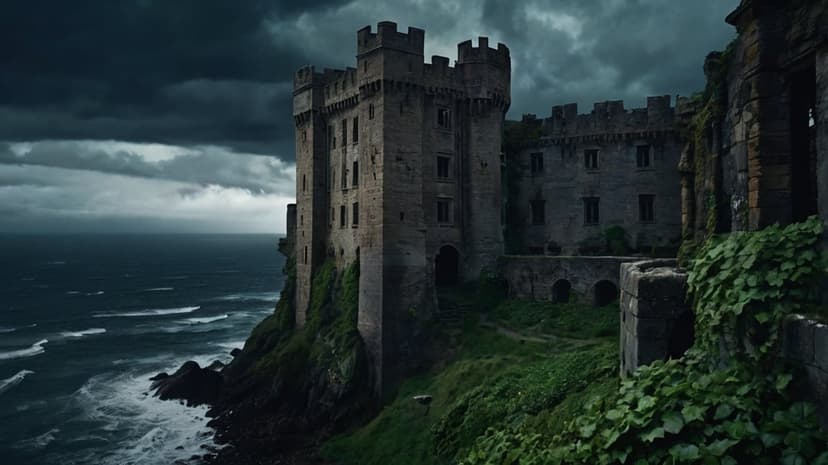 Ancient stone fortress on a rugged cliff overlooking dark turbulent ocean waves under a heavy overcast sky.