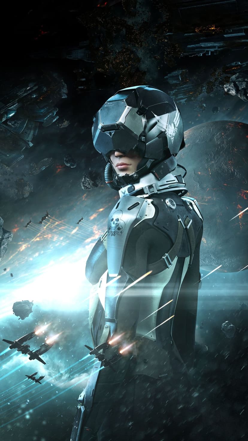 Space pilot in armored gear and helmet looking over shoulder during a cinematic galactic starship battle.