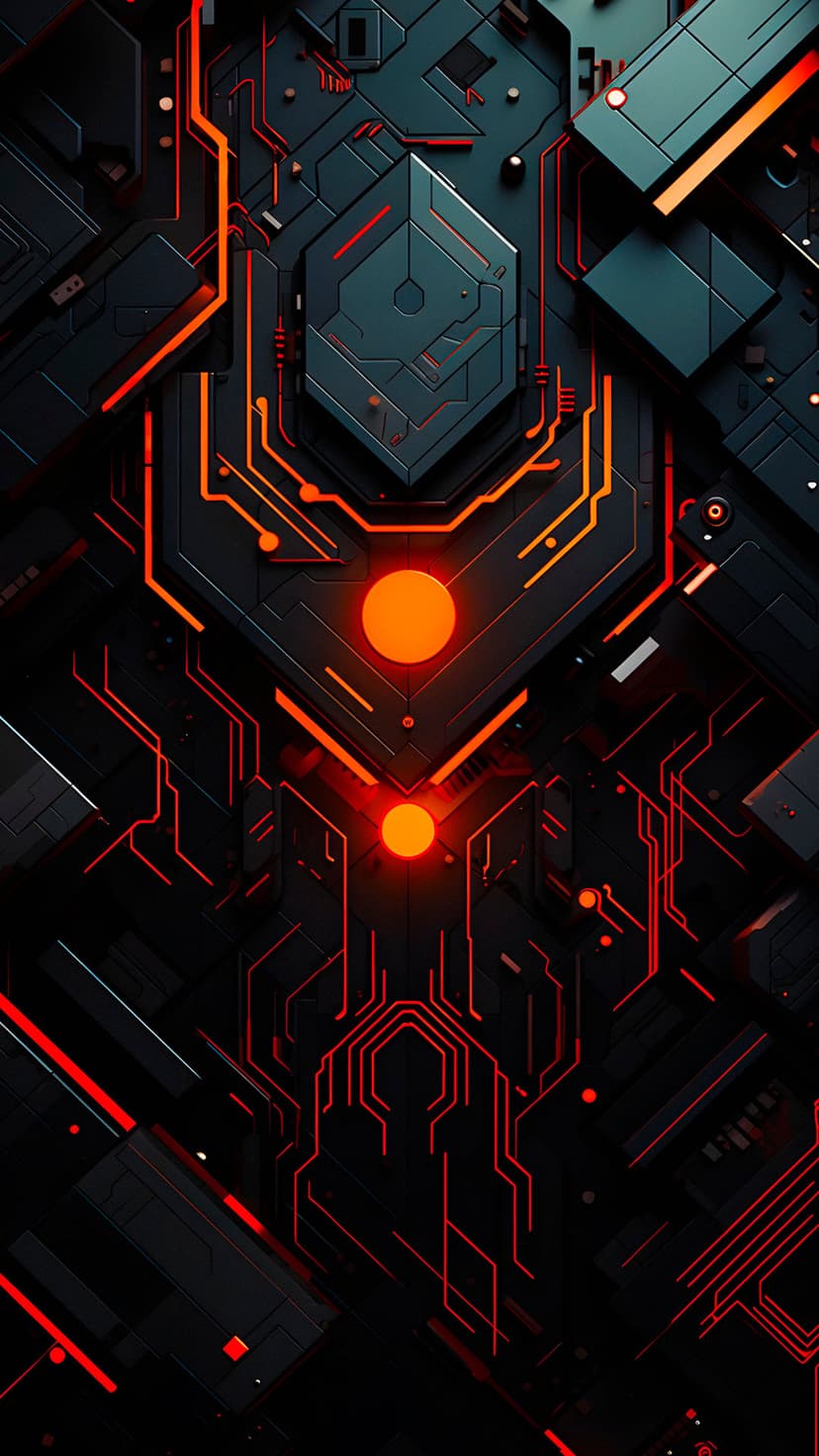 Neon orange circuits and glowing nodes trace geometric paths across a dark, matte black motherboard background.