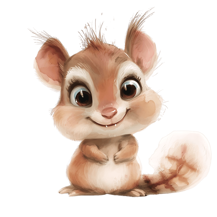 Chipmunk character illustration featuring large brown eyes and a wide fanned-out tail in a watercolor style.
