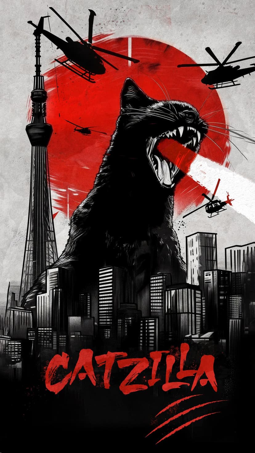 Giant black cat roars red energy over a city skyline with helicopters flying against a massive red sun.