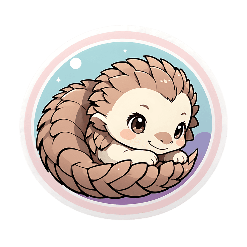 Pangolin sticker illustration with light brown scales in a curled pose against a pastel blue circular background.