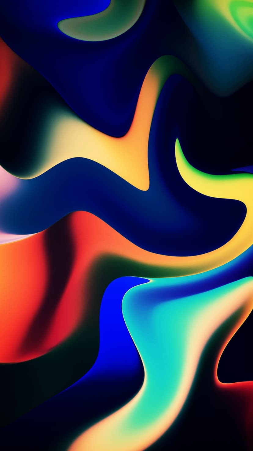 Swirling ribbons of electric blue, amber, and teal liquid patterns flow across a dark, high-contrast background.