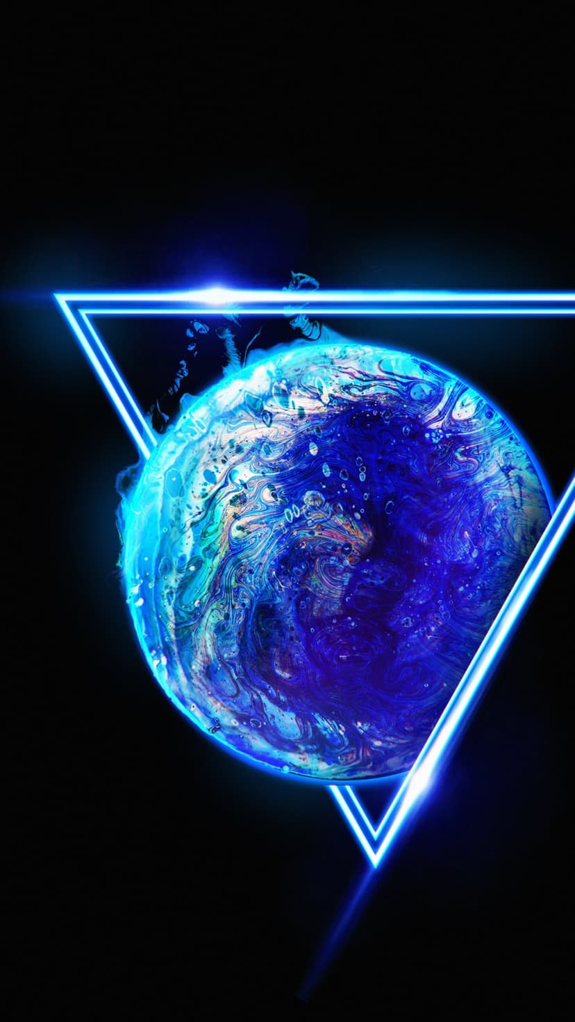 Luminous blue gas planet centered behind a glowing neon triangle overlay against a dark starless background.
