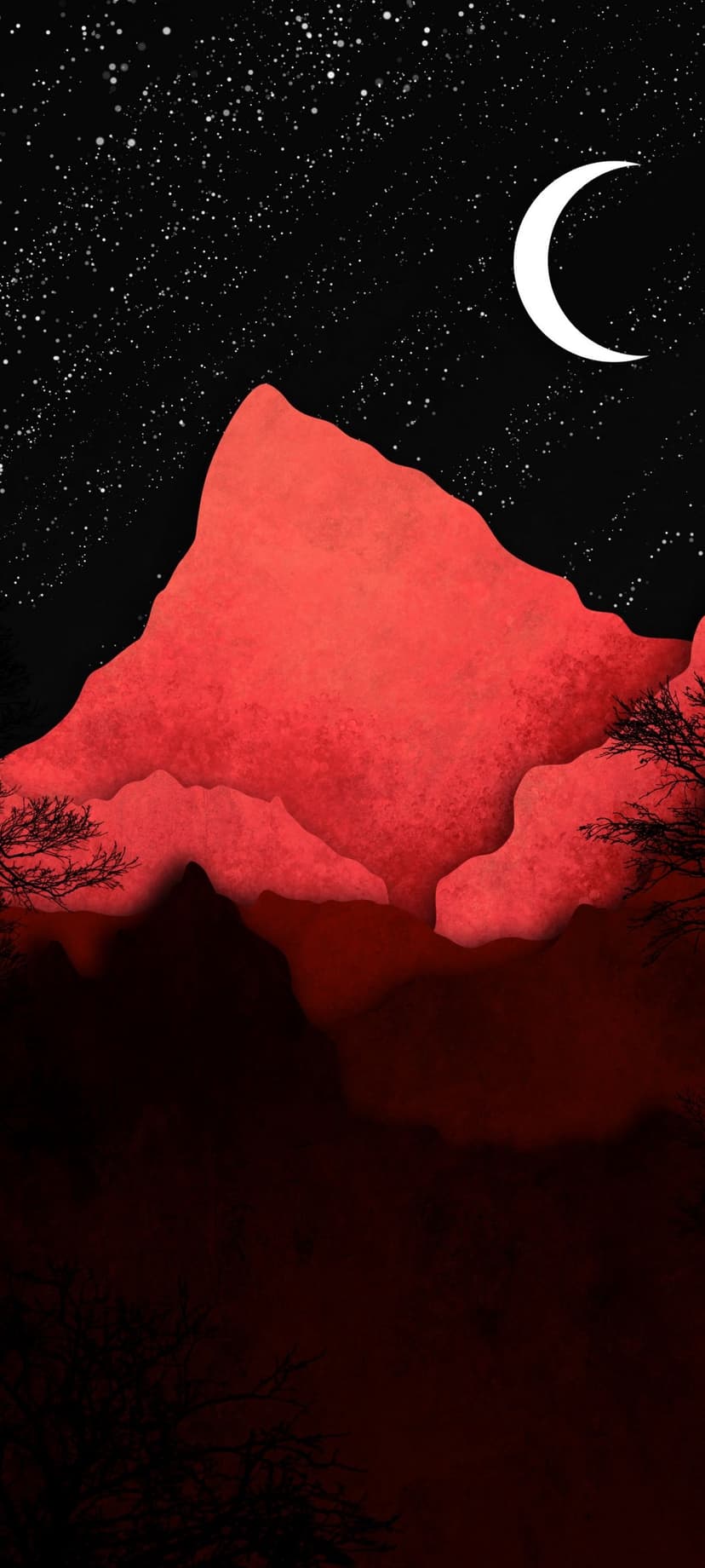 Crimson mountain peaks beneath a crescent moon and star-filled night sky with black tree silhouettes at the base.