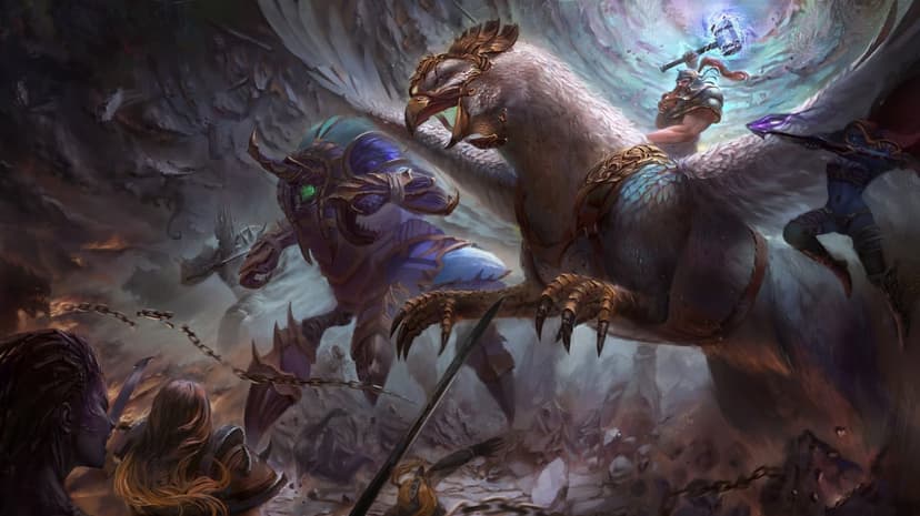White gryphon and rider battle a giant purple insect monster amidst a magical blue portal and battlefield debris.