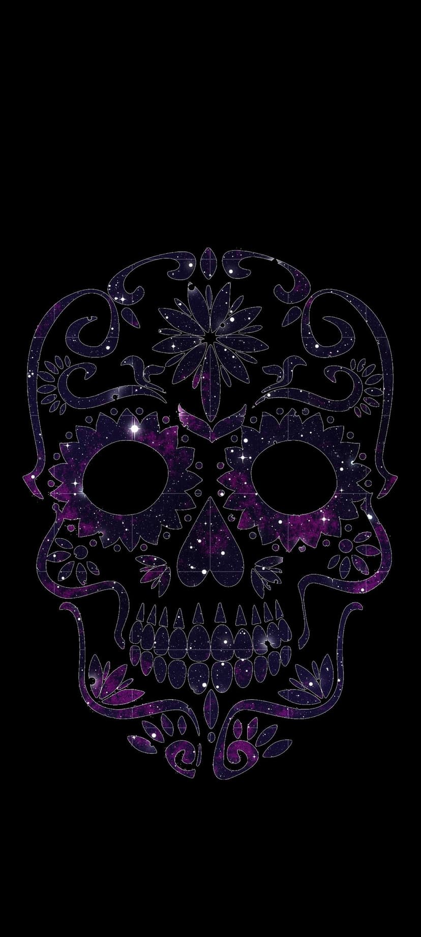 Ornamental sugar skull containing a purple galaxy and twinkling stars with shimmering silver line art.