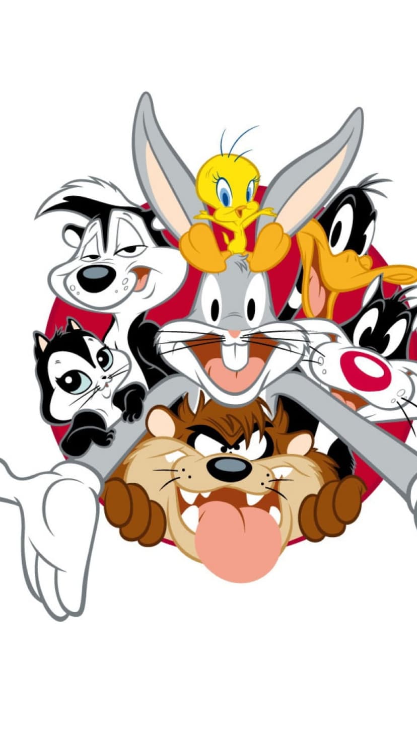 Bugs Bunny, Daffy Duck, and Taz lead a colorful ensemble of classic animated characters in a vertical group pose.