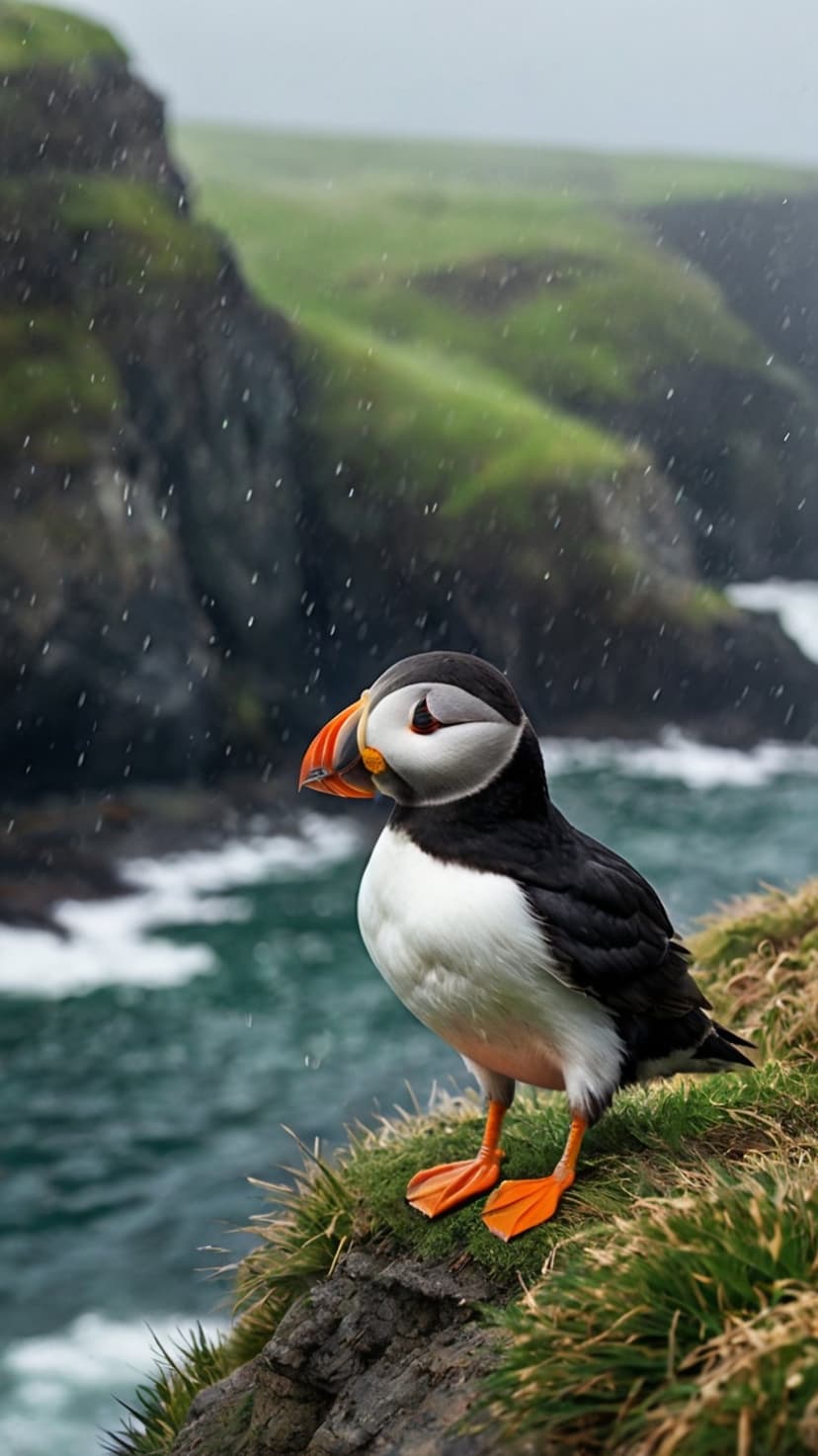 Atlantic puffin with a vibrant orange beak sits on a mossy cliff edge during a rainstorm by the ocean waves.