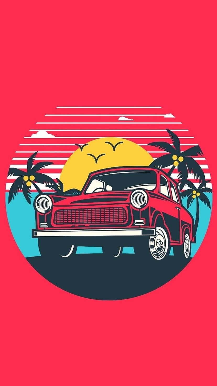 Classic red sports car cruising past palm tree silhouettes against a glowing orange and purple tropical sunset.