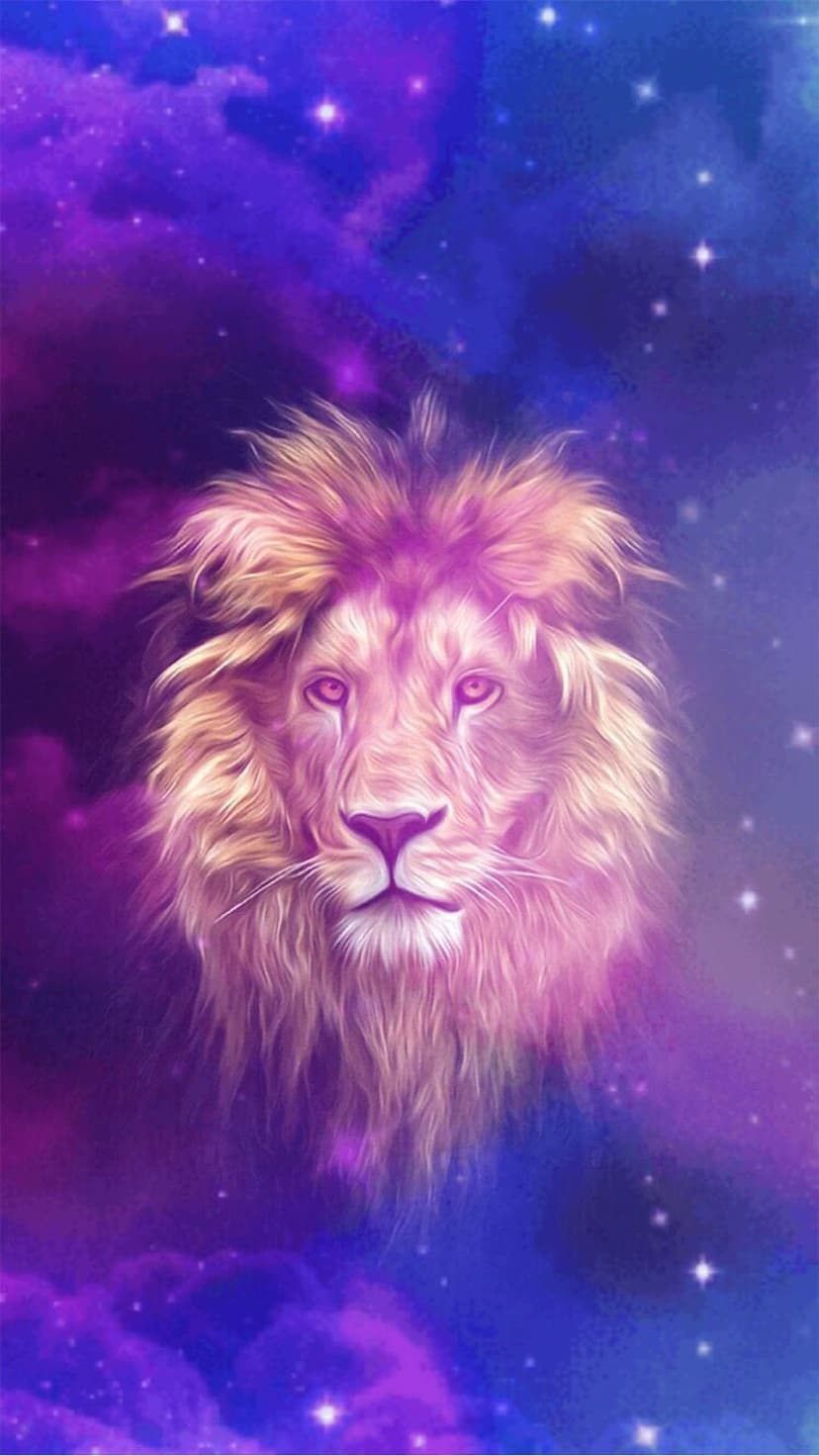 Three cinematic Jokers from different films pose beside a lion head rendered in blue and purple star nebulae.