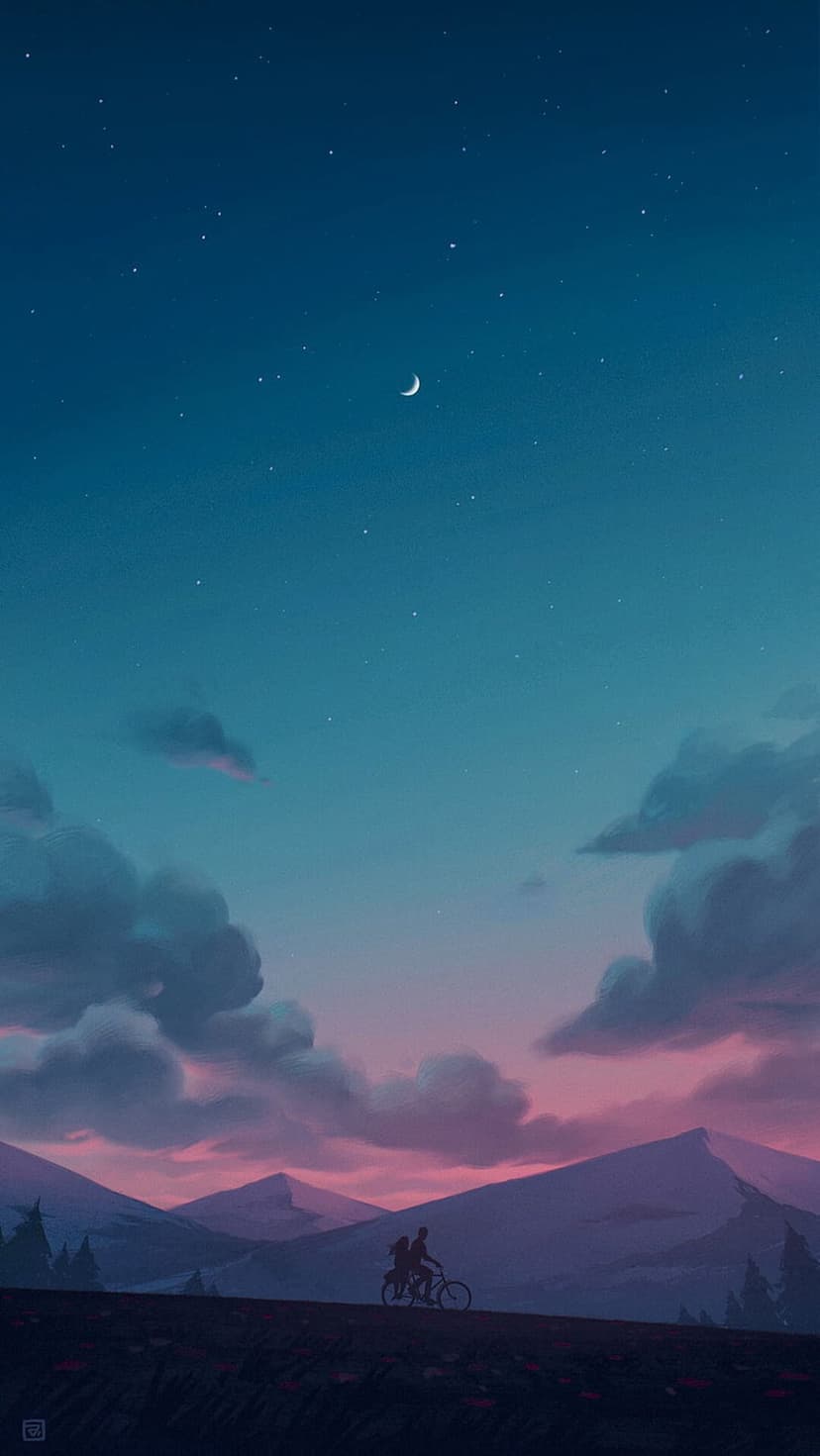 Two people on a bicycle ride along a hilltop silhouetted against a crescent moon and purple mountain range.